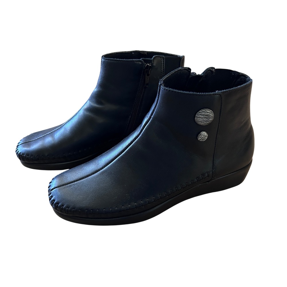 SAS Womens Jade Black Leather Wedge Ankle Boots Zip Moc Toe Comfort Booties 7M